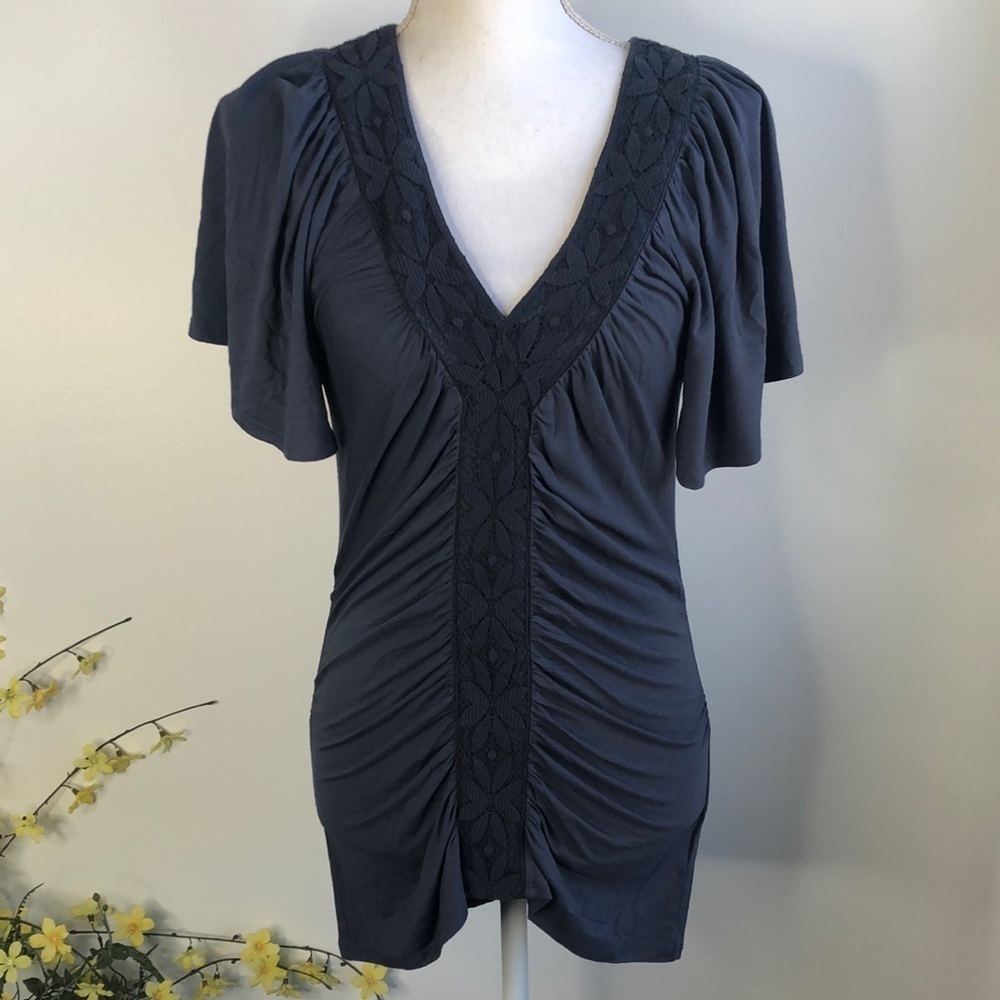Anthropologie Postmark blue ruched flutter sleeve top